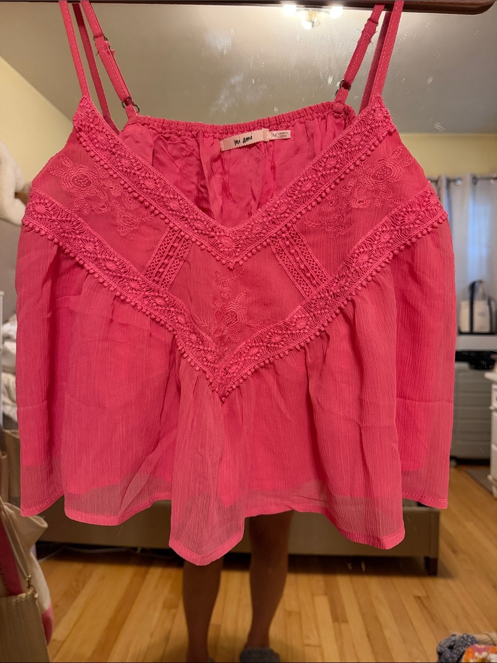 Women’s Hot Pink Lace-Trim Spaghetti Strap Top